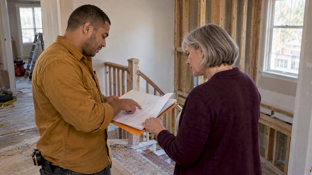 Contractor and homeowner reviewing a work change
