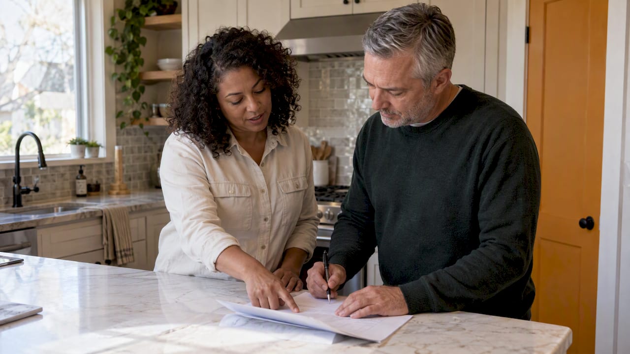 Contractor and homeowner review final renovation invoice