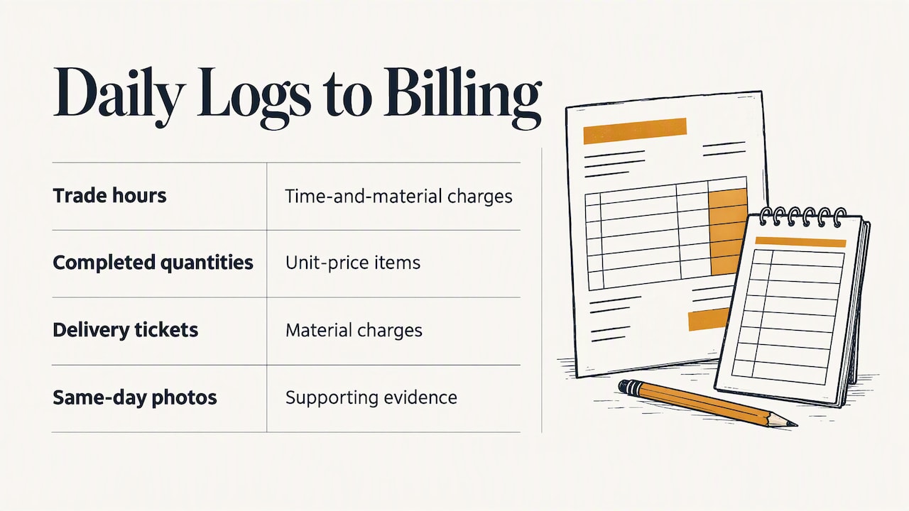 Daily log details linked to contractor billing
