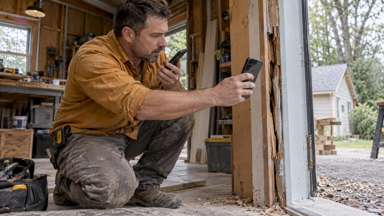 Contractor photographing damage while dictating a job note