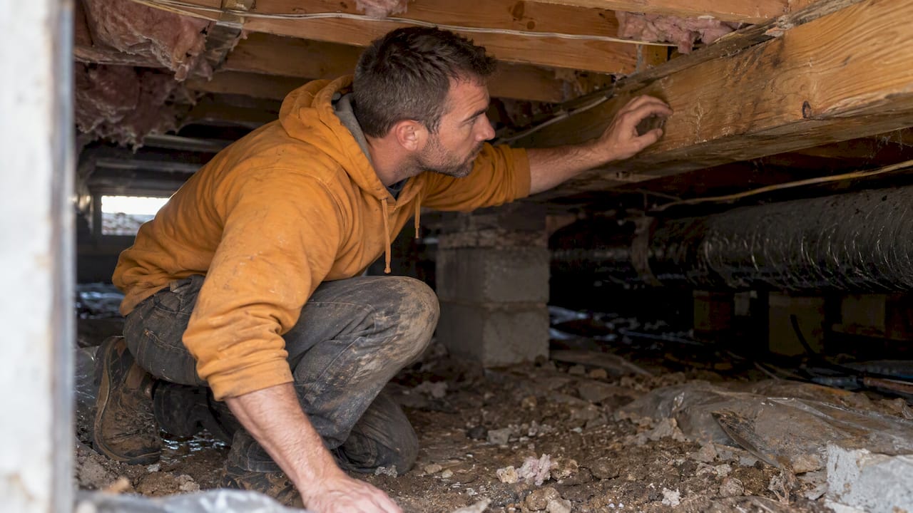 Contractor inspecting framing inside crawlspace