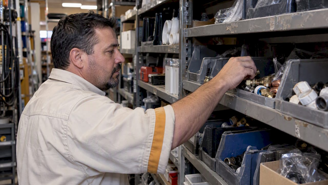 Technician selecting a replacement part from storeroom bins