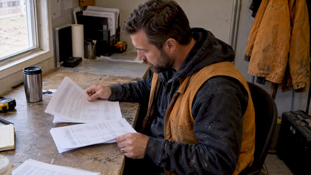 Contractor reviewing job costs in a site trailer