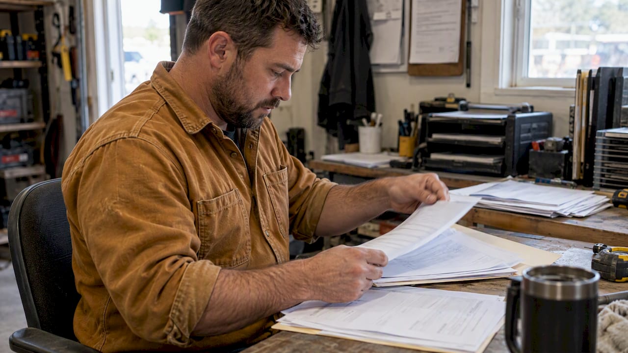 Contractor assembling an invoice and backup records