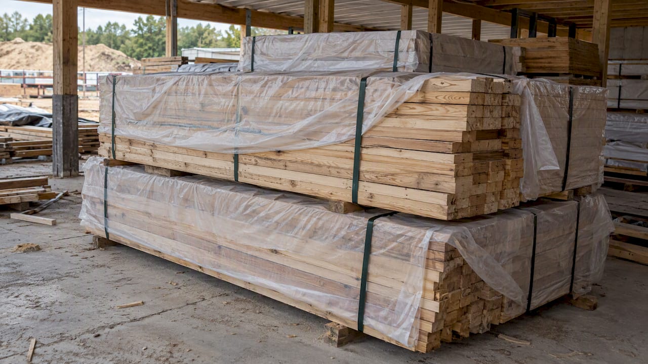 Protected lumber bundles stored at a jobsite