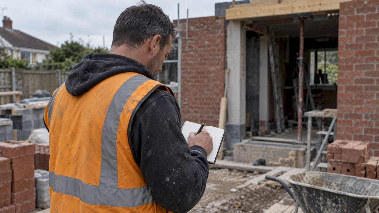 Contractor records a site diary at a brick extension