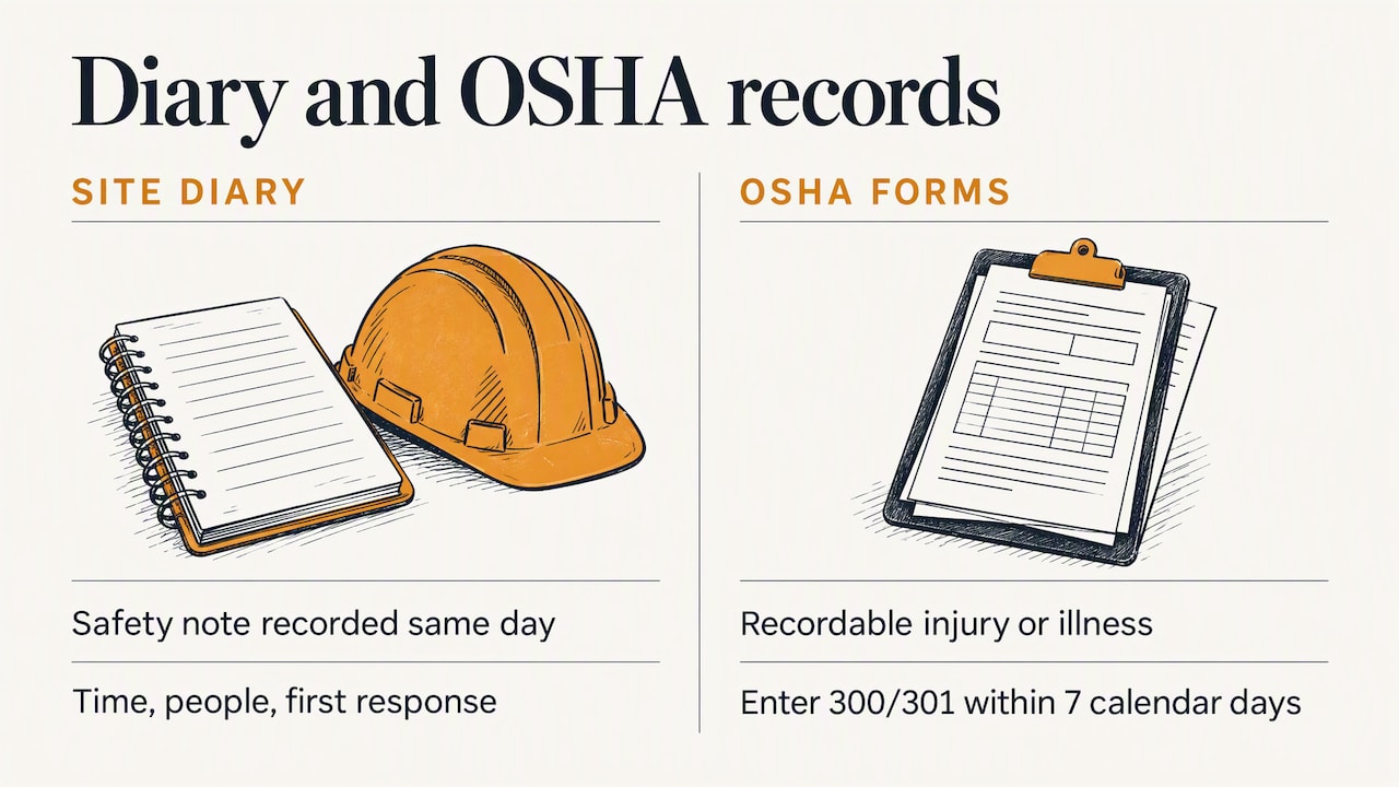 Same-day diary note and separate OSHA forms timeline
