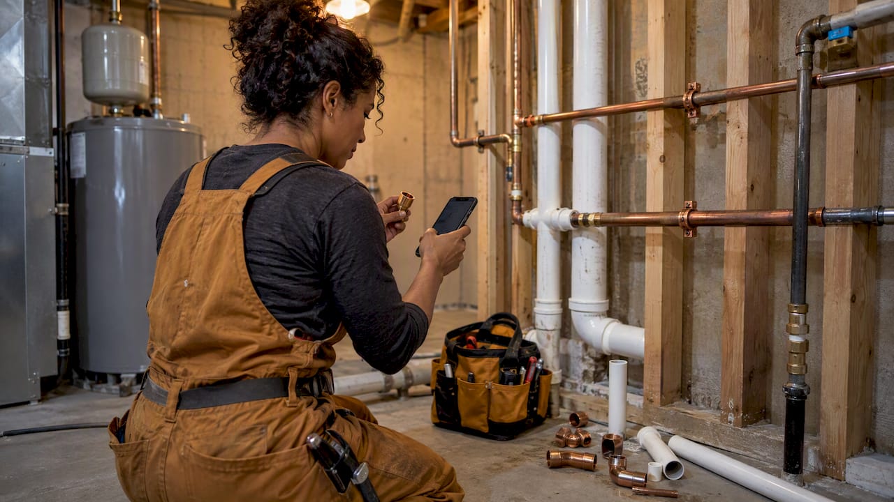 Plumber recording labor and materials on site